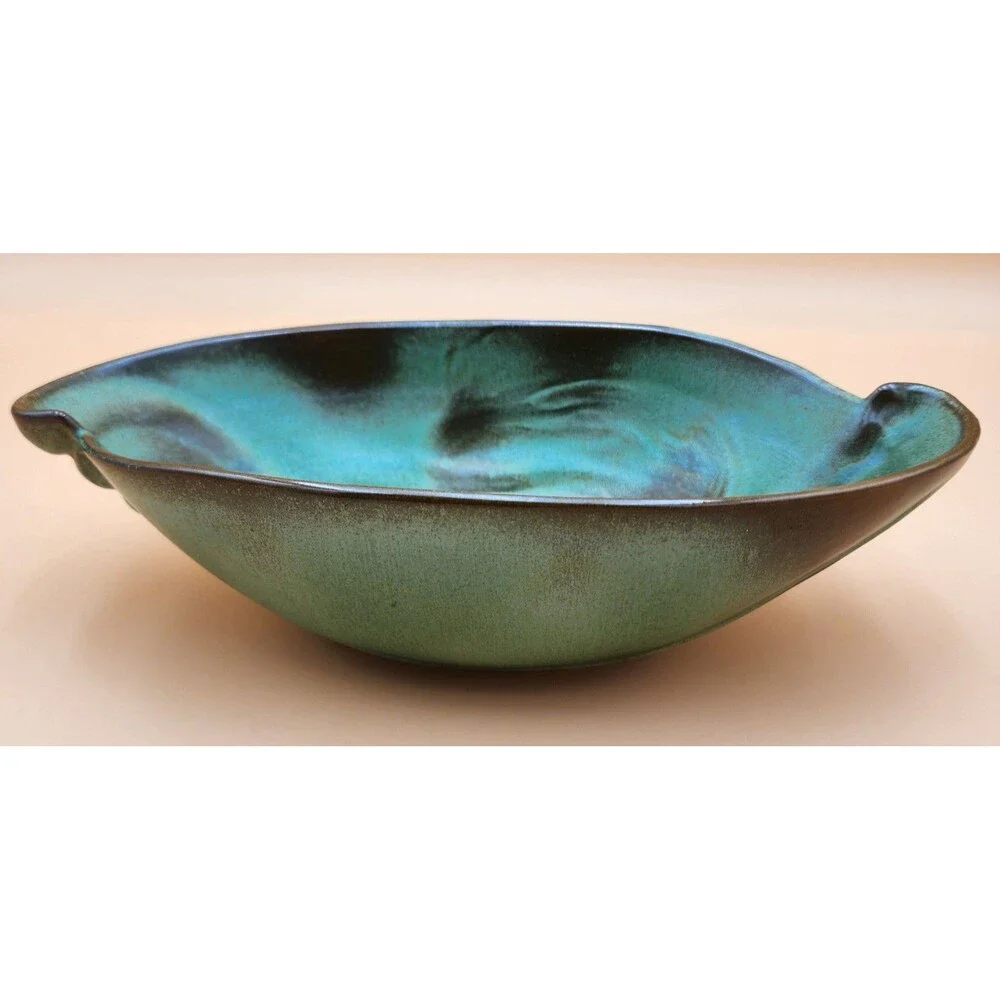 Vintage FRANKOMA Pottery Bowl #202 Prairie Brown Green Oval Serving Fruit Bowl